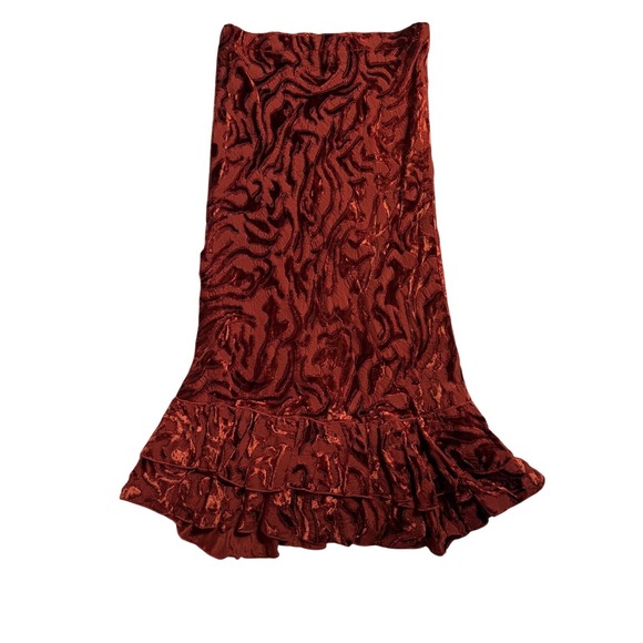 Dkny Dresses & Skirts - Vintage DKNY Rust Orange Devoré Velvet Ruffle Hem Midi Skirt M 90s Minimalist
